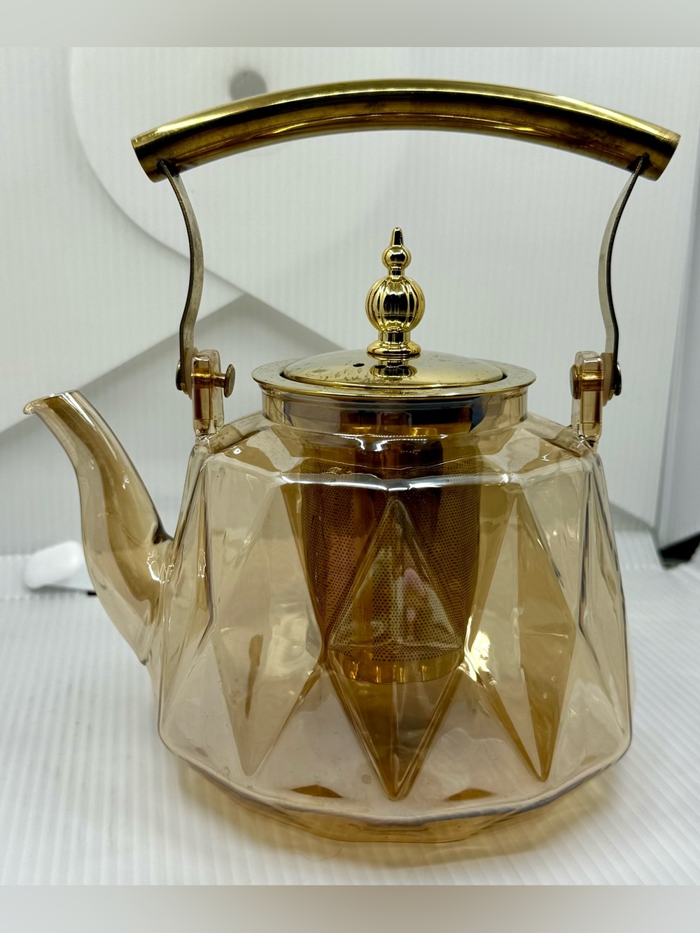 Charbrew Patterned Amber Borosilicate 1000 ml Teapot Gold Lid Infuser & Handle